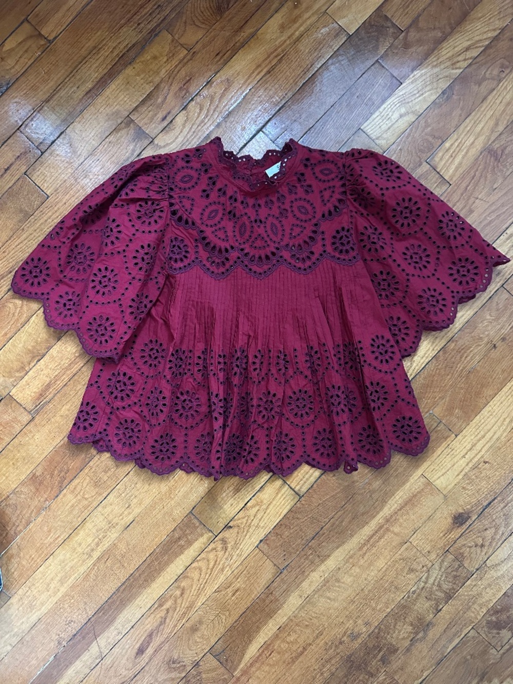 Sea New York Burgundy Eyelet Lace Peasant Blouse